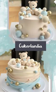 two tiered cake with teddy bears on top and the words cukerlandia above it