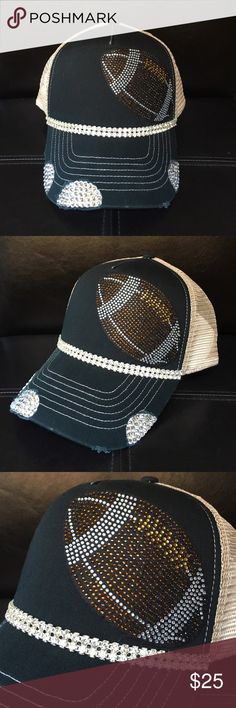 Black football bling trucker hat Handmade black football bling trucker hat. Swarovski crystals and trim. Beige mesh for backing. Perfect for football season and football moms! Accessories Hats Football Hat Designs, Sports Cap For Football Season, Football Season Sports Fan Cap, Bling Football Jersey, Football Trucker Hat With Patches, Bone Bordado, Football Girlfriend