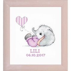 a cross stitch picture with an elephant holding a heart balloon