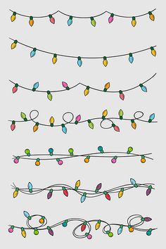 a set of christmas lights and garlands on a white background, hand drawn illustration