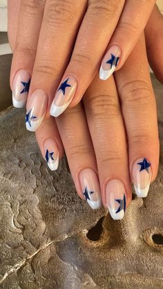 Nail Art Designs Stars, Easy Gel X Nail Designs, Blue French Tips With Stars, Blue Star Nails Acrylic, Country Music Festival Nails, Almond Nails Dark Blue, Cool Nail Inspo 2024 Summer, Simple Nail Ideas For Summer, Navy Blue Star Nails