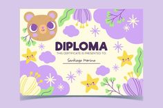 the certificate for diploma is decorated with cartoon animals and flowers, including an image of a bear