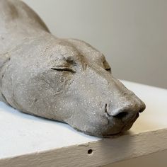 a statue of a dog laying on top of a white table next to a wall