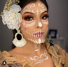 Catrina Makeup For Kids, White Dia De Los Muertos Makeup Ideas, Half Catrina Makeup, White Catrina Makeup, Catrina Hairstyle, Catrina Makeup Half Face, Day Of The Dead Makeup Simple, Simple Day Of The Dead Makeup