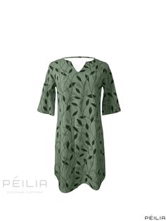 Peilia - Botanical Print Notched Neck Midi Dress with Half Sleeves - Womens Casual Fashion Casual Leaf Print Dresses For Spring, Casual Green Dress With Leaf Print, Casual Green Dresses With Leaf Print, Casual Green Leaf Print Dress, Casual Printed Midi Dress With 3/4 Sleeves, Floral Print 3/4 Sleeve Midi Dress For Fall, Floral Print Short Sleeve Non-stretch Midi Dress, Casual Floral Print Midi Dress, 3/4 Length, Floral Print Fall Midi Dress With 3/4 Sleeves