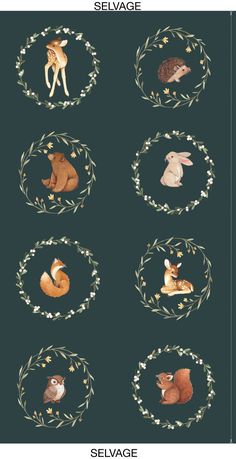 four different images of foxes and other animals in a circle with greenery around them