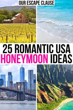 the cover of 25 romantic usa honeymoon ideas, including an image of mountains and water