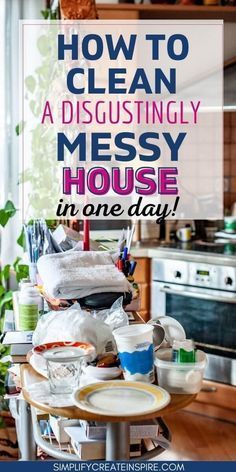 a messy kitchen with the words how to clean a disgusting messy house in one day