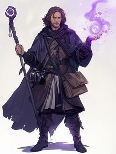 a man with a purple staff holding an object in one hand and a wand in the other