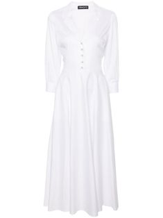 white cotton blend poplin texture notched collar front button placket three-quarter length sleeves buttoned cuffs rear elasticated waistband flared skirt detachable waist belt two side inset pockets unlined straight hem maxi Classic Midi Dress With Placket For Daywear, Elegant Button-up Cotton Maxi Dress, Elegant Cotton Button-up Maxi Dress, Classic White A-line Shirt Dress, Elegant Summer Shirt Dress With Button Cuffs, Elegant Cotton Dress With Button Cuffs, Classic Long Sleeve Summer Maxi Dress, Elegant Shirt Dress With 3/4 Sleeves And Buttons, Classic Long Sleeve Maxi Dress For Summer