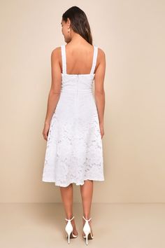 You'll be a picture of perfection in the Lulus Divine Beauty White Lace Midi Dress With Pockets! Gorgeous floral guipure lace forms a sweetheart neckline supported by wide straps, a high, banded waist, and a darted bodice. A flared, A-line style skirt (with hidden side pockets!) stuns as it falls to a modest midi length. Hidden back zipper/clasp. Fit: This garment fits true to size. Length: Knee to mid-calf length. Size medium measures 33.5" from shoulder to hem. Bust: Works best for A to C cup Sweetheart Neckline Lace Dress With Lace Top, Lace Dress With Sweetheart Neckline, Sweetheart Neckline Lace Dress, Bridesmaid Lace Dress With Sweetheart Neckline, Lace Dress With Lace Bodice And Sweetheart Neckline, Sleeveless Lace Dress With Fitted Bodice, Sleeveless Lace Dress With Contrast Lace For Wedding, Sleeveless Contrast Lace Wedding Dress, Sleeveless Lace Dress For Bridesmaid