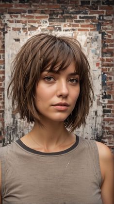 Choppy Edgy Bob, Shirt Shaggy Bob, 90s Shaggy Haircut, Choppy Bob Bangs, Edgy Bobs For Fine Hair, Shaggy Bob Bangs, Choppy Layers For Short Hair, Bob Haircut For Fine Hair Bangs, Bob With Bangs Over 50