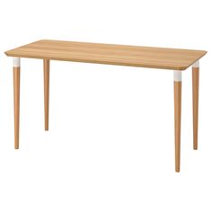 a wooden table with two white legs and a wood top, on a white background