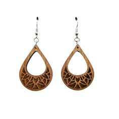 Wood earrings in a cutout teardrop shape engraved with a floral leaf abstract design handcrafted in the USA in a small father and daughter wood shop in Northern California.Nickel Free Wire HooksFinished Wood on Both Sides1.5" x 1" x .125" thickThis is not the exact pair of dangle hook earrings that will be shipped. Wood grain and coloring will vary with each piece. Backs may have some black burn/kind of pock marks. Please see pictures for a couple of examples.Here at Happy Wood Products, we also offer wholesale and bulk discounts. Please feel free to follow us on social media for new releases, sales announcements, and more.0524 Leaf Abstract, California Souvenirs, Coaster Crafts, Wood Keychain, Father And Daughter, Sign Stencils, Wine Stoppers, Lightweight Earrings, Wood Products