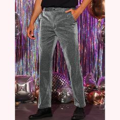 The sparkling glitter pants for men are fashionable and modern. Metallic glitter trousers can be perfectly matched with holographic tops and metallic sequin jackets to create a fashionable and eye-catching style. Metallic glitter trousers are perfect for performances, dances, parties, festivals, nightclubs and fashion events, etc. Can also be given as a gift to family or friends. Holographic Top, Glitter Pants, Slim Fit Chino Pants, Fashion Events, Slim Fit Chinos, Sequin Jacket, Solid Color Dress, Straight Trousers, Fabric Tape