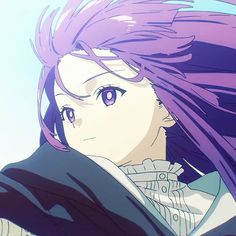 an anime character with purple hair and blue eyes