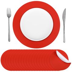 a red and white place setting with silverware on the plate next to each other