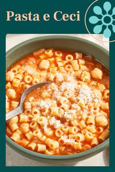 pasta e ceci in a green bowl with a spoon