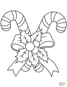 a candy cane with holly leaves and bows on it, coloring page for christmas season