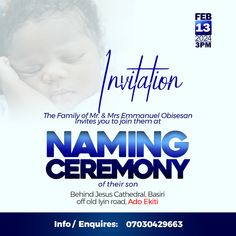 a flyer for an event with a baby in the center and text that reads, naming ceremony