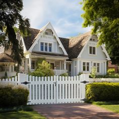 a white picket fence in front of a house