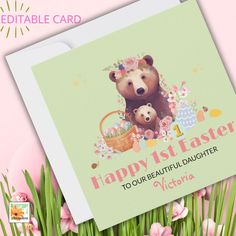 an easter card with a bear holding a baby's head and flowers in the background