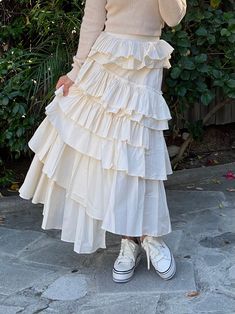 Gemma Long Tiered Ruffle Skirt Ivory Long Ruffle Skirt Outfit, Ruffled Skirt Outfit, Ruffled Long Skirt, Ruffle Skirt Long, Long Ruffle Skirt, Asymmetrical Tiered Skirt, Ruffle Skirt Outfit, Spring Skirt Outfits, Ruffle Skirts