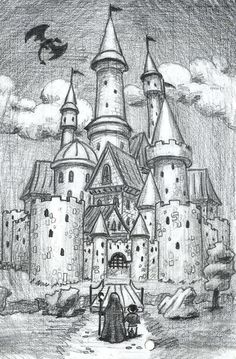 a black and white drawing of a castle