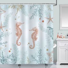 PRICES MAY VARY. Material: 100% polyester fabric, eco-Friendly, waterproof, machine washable. Design: The pattern of beach seahorse shower curtain is designed exclusively by Bonhause, perfect to decorate your bathroom and help you enjoy your bath time. Also can be DIY used as window curtain, tapestry, photo background decoration. Size: 72 x 72 Inch (183 x 183 cm), due to manual measurement, please kindly allow 1-2 cm deviation. The standard size shower curtain is fit for most bathtubs and shower Beach Theme Shower Curtain, Coastal Shower Curtain, Seashell Bathroom, Coastal Fabric, Funny Shower Curtains, Bath Curtain, Sea Shell Decor, Bathroom Curtain, Shower Curtain Rods