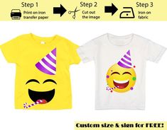 two t - shirts that have faces on them and one has a birthday hat on it