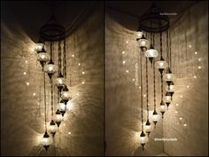 two pictures of a chandelier with lights hanging from it's sides and on the wall