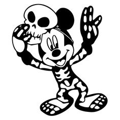 mickey mouse with skull on his head and arms in the air, black and white