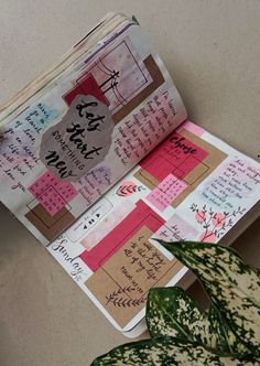 an open book with sticky notes on it next to a potted plant and other papers