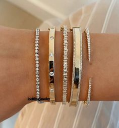 "Half Way Single Prong Bangles, Flush Setting Wedding Bracelet, Trendy Trapped Baguette Simulated Diamond Bangle, Two Row & Claw Cuff Bangle *All Bangles Are Half Way* ❤ Item Information ❤ ✎ All Stone's Color/Clarity: DEF/VVS ✎ All Stone Quality: A ⇨ 1st :-> ✎ Stone Shape: Round Cut ✎ Stone Size: 2.80 ⇨ 2nd :-> ✎ Stone Shape: Round Cut ✎ Stone Size: 3.50 mm ⇨ 3rd :-> ✎ Stone Shape: Baguette  ✎ Stone Size: 4X2X1.50mm ⇨ 4th :-> ✎ Stone Shape: Round Cut ✎ Stone Size: 1.20 mm ⇨5th :-> ✎ Stone Shape: Flush Setting, Bracelet Trendy, Unique Bangle, Cute Engagement Rings, Diamond Bangles Bracelet, Jewelry Accessories Ideas, Dope Jewelry, Jewelry Fashion Trends, Classy Jewelry