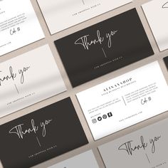 many different business cards with the words thank you written in black and white on them