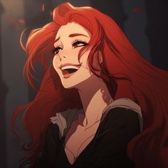 a red haired woman with long hair smiling at the camera and looking into the distance