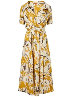 yellow cotton blend belted waist wraparound style spread collar short sleeves Wraparound Dress, Evening Jumpsuit, Wedding Guest Looks, Belted Midi Dress, Ikat Print, Patterned Dress, Knitwear Tops, Favorite Dress, Collar Dress