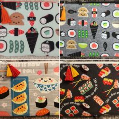 four different pictures of sushi fabric with various designs on them, including one in grey and the other in black