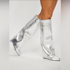 Color: Silver Condition: New Silver Knee High Boots, Black And White Boots, Silver Boots, High Wedges, High Heel Wedges, Denim Shoes, White Boots, Heels & Wedges, Green Shoes