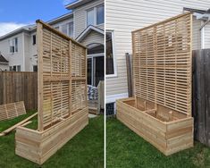 two pictures side by side of a wooden planter box on the grass and in front of a house