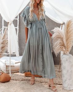 Anika Pocketed Button Down Ruffle Maxi Dress - Sage Dust – InsStreet Bohemian Maternity Dress, Bohemian Maternity, Ruffle Maxi Dress, Party Dress Long Sleeve, Puff Sleeve Dresses, Lined Skirt, Ruffled Maxi Dress, Boho Maxi Dress, Party Dress Long