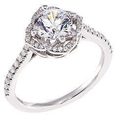 a white gold ring with an oval cut diamond surrounded by round diamonds