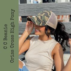 C. C Distressed Camouflage Criss-Cross High Ponytail Ball Cap Size: One Size Color: Olive Camo/Beige High Pony Criss-Cross Back--Allows You To Wear Your Pony At Different Levels Material: 100% Cotton Care: Hand Wash Cold Velcro Closure In Back Elasticized Criss Cross Detail In Back Ab2296--Ab2297 Cc Hats, High Pony, Custom Trucker Hats, High Ponytail, High Ponytails, Favorite Hairstyles, Boutique Accessories, Ball Cap