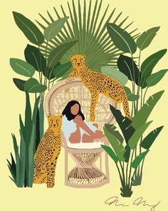 a woman sitting in a wicker chair next to plants and a cheetah