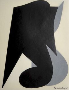 an abstract painting with black and grey shapes