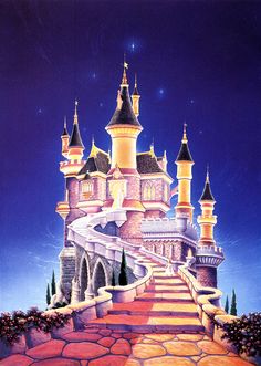 a painting of a castle with stairs leading up to the sky and stars above it