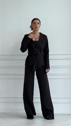 Black Womens 3 Piece Suit Set, Office Women 3 piece Suit with Wide Leg High Waist Pants, Wrap Blazer with Belt and Corset Top Bralette Tailored Two-piece Sets For Workwear, Black Office Sets With Pockets, Wide Leg Pant Set For Workwear, Solid Color Wide Leg Pant Set For Work, Solid Color Workwear Pant Set With Pockets, Two-piece Pantsuit For Work, Solid Two-piece Pantsuit For Work, Elegant Black Pant Set For Work, Wide Leg Two-piece Pantsuit For Workwear