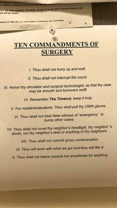 the ten commandments of surgery written on a piece of paper