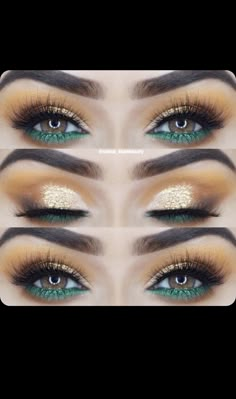 Emerald Green Bride Makeup, Gold And Emerald Green Makeup, Emerald And Gold Eye Makeup, Smokey Eye With Green Undereye, Dark Green And Gold Eye Makeup, Green Pink Gold Eye Makeup, Gold And Green Makeup Looks, Make Up For Green Eyes Tutorial, Make Up Yeux Vert