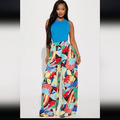 New With Tags Size Medium Some Stretch Easily Could Fit Large Multicolor High-waisted Wide Leg Pants With Elastic Waistband, Multicolor Fitted Wide-leg Pants, Tropical Wide-leg Pants For Beach, Spring Vibrant Print Wide-leg Pants, Tropical Wide-leg Summer Pants, Corset Pants, Fashion Nova Pants, Womens Wide Leg Pants, Satin Pants